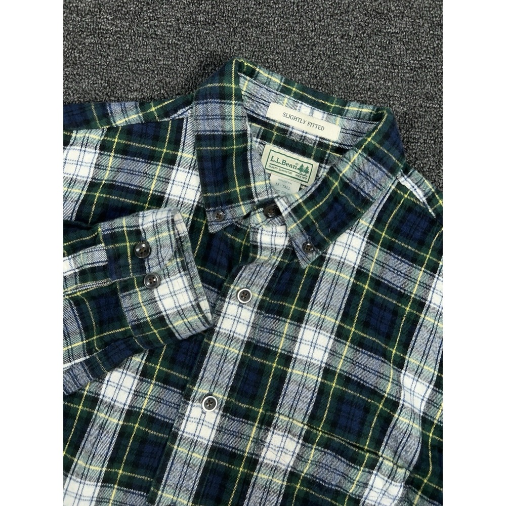 LL Bean Flannel Shirt Men's Medium Tall Button Down Green Plaid Slightly Fitted